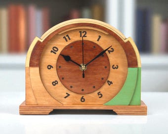 Mid Century Modern Desk Clock: Handmade Mahogany Wood Mantel Clock