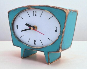 Wooden Desk Clock, Handmade Silent Turquoise Mantel Clock, Turquoise Blue Green, Unique Gift Decor for Mom