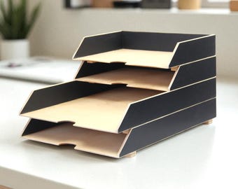 Black Stackable Wood Desk Organizer, 2 Tier Paper Tray Set A3 A4, Student Desk Storage