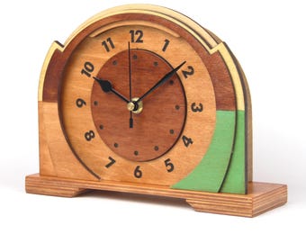 Silent Wooden Mantel Clock, Art Deco Mid Century Desk Clock in Natural Brown, Mahogany Ochre Green Mint, Rustic Modern Gift for Home Office