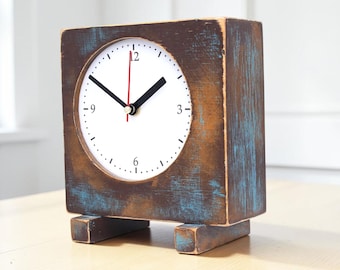 Turquoise Brown Gold Wooden Desk Clock Square Handmade