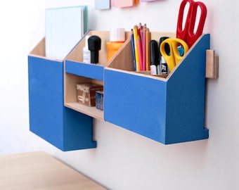 Wall Desk Organizer, Wall Mounted Blue Wooden Organizer with Shelf, Office Organizer for Students, Teachers Home Office Gift