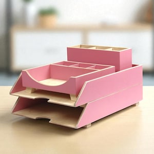 Roze houten bureau organizer, stapelbare papierlade, modern kantooropslag, handgemaakte accessoires
