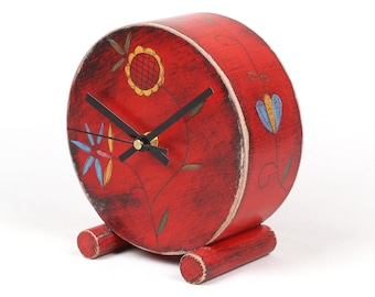 Red Floral Folk Art Silent Desk Clock - Exotic Fuma Wood, Cottage Chic Rustic Table Decor, Mom Gift, No Ticking mechanism