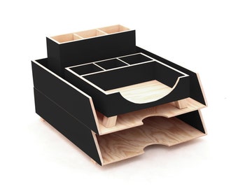 Wood Desk Organizer Black, Desk Accessories, Minimalist Office decor, Pen holder, Paper sorter trays A4 set, Home office command center,
