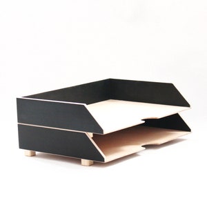 Soporte para bandeja de papel negro, juego de correo oganizador de madera, accesorios de escritorio, clasificador de oficina de documentos de 2 etapas, juego de escritorio apilable A4 de Artma Studio