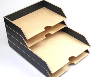 Black Carbon Desk Wood organizer, Paper Tray Holder set A3 + A4 paper, Desk Office 4 Stages Stackable Document Sorter, handmade Xmas gift