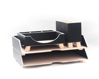 Wood Desk Organizer Black, Plywood Office Desk Accessories, Office Mail and Pen Holder, Office desk decor, back to school, Command center