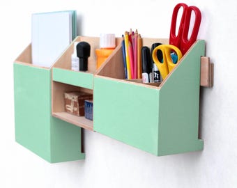 Mint Green Wood Wall Organizer: Handmade Desk Storage