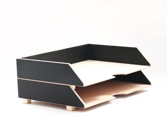 Black Paper Tray Holder, Wood Oganizer Mail set, Desk Accessories, 2 Stages Document Office Sorter, Stackable desk set A4 by Artma Studio