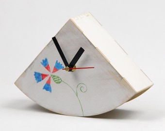 White clock Folk art, Table / Desk Wood Clock, Folk Flower Art, Hand painted clock, Rustic style, Cottage decor, Summer Flower ornament