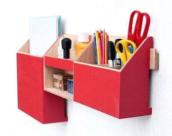 Wall Organizer Wood Red, Office Mail Wall Set, Pen holder, Office Mail box, Wooden home Desk organizer, Desktop storage set, Wall Red box