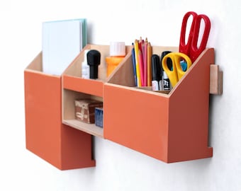 Wall Wood Organizer Orange, Home Office organizer storage, Wood holder, Office Mail Storage set, Control Holder, Remote work office gift