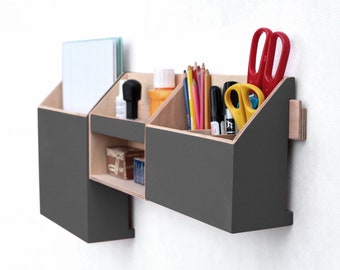 Desk organizer Graphite for wall, Gray Desktop Mail documents Wall Wood Set, Desk office Accessories, Pen holder, Xmas gift for him
