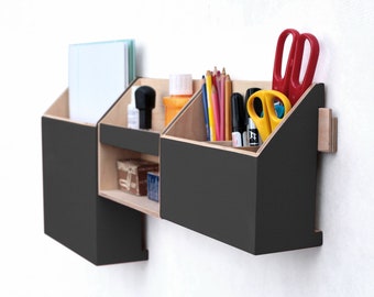 BLACK wall organizer, Wooden set of 3 boxes Office accessories, Mail organizer, Desk supplies for school