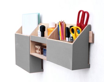 Gray Wood wall organizer, Grey Mail Wall set, Gray Wood Desk Organizer, Remote Office Accessories, Pen holder, Home Office Command Center