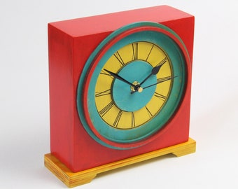 Handcrafted Distressed Wooden Mantel Clock – Rustic Table Clock in Vibrant Red, Turquoise, Yellow, and Mint, Winter Sale