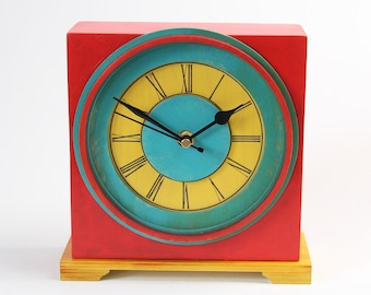 Mantel Wood Clock in Vintage Style by Artma Studio - Distressed Mantle Rustic NO TICKING Table Clock, Red Turquoise Yellow Mint Green Decor