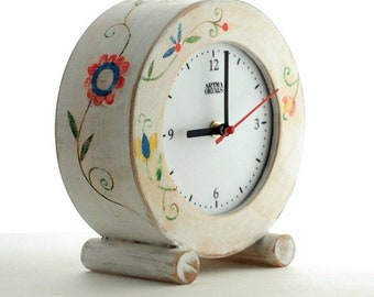 White Folk Art Desk Clock – Floral Ornament, Wooden Table Clock, Circle Design, gift for Mom