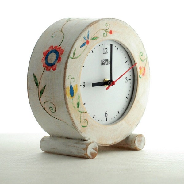 NO TICKING White Desk clock circle, SILENT/ Quiet Folk Art Table Wood Clock, Flowers ornament, Spring decor,  Wedding gift, Desk decor clock