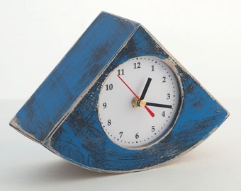 Blue Desk Wood Clock with Silent Mechanism - A Handmade Treasure