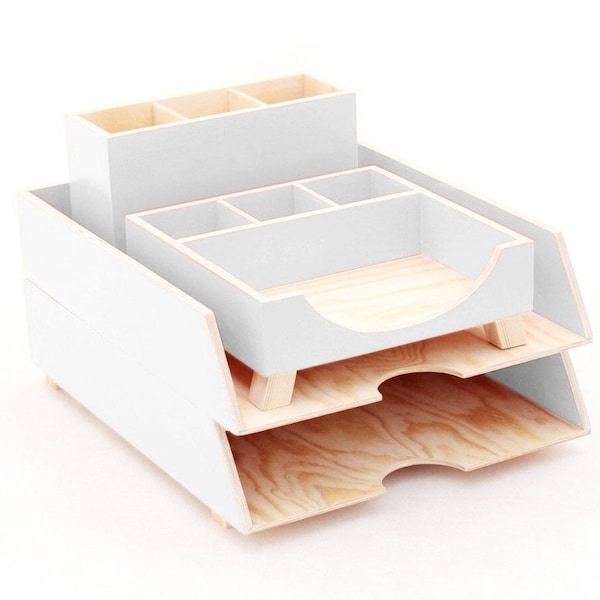 White Wood Desk Organizer Set - Pen Holder, Paper Sorter, Toolbox - Office & Student Desktop - Handmade Gift