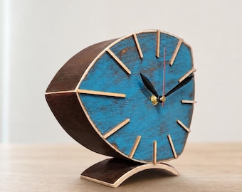 Handmade Wooden Table Clock, Asymmetrical Desk Decor Turquoise Brown