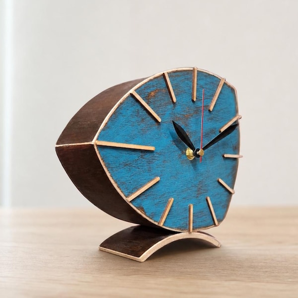 Handmade Wooden Table Clock, Asymmetrical Desk Decor Turquoise Brown