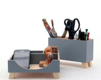 Grey Wooden Desk Organizer Set, Handmade Desk Storage, Pen Holder, Office Accessories, Gift for boyfriend