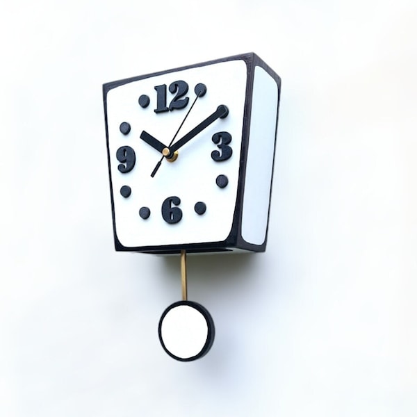 Wall Clock Pendulum Black and White, Modern Wall Art, Cartoon style Drawing Wood White Clock, Unique Funny decor for kids room by Artma