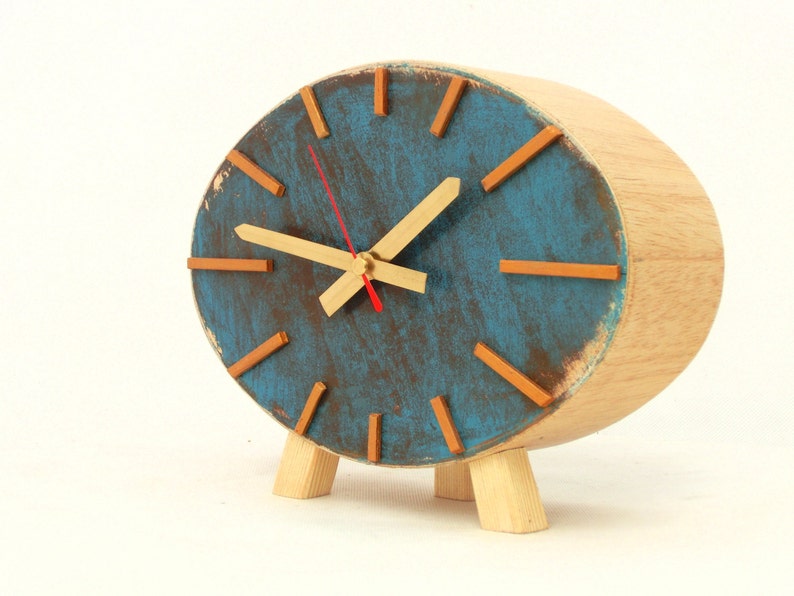 Turquoise Gold Table Wood Clock, NO TICKING Ellipse Brown Gold decor in Vintage style, Desk Unique gift, Winter trends handmade image 4