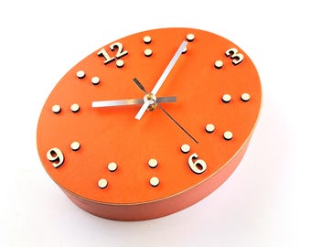 Tangerine Oval Wall Clock: Pumpkin Orange Wood, Silent Quartz Movement