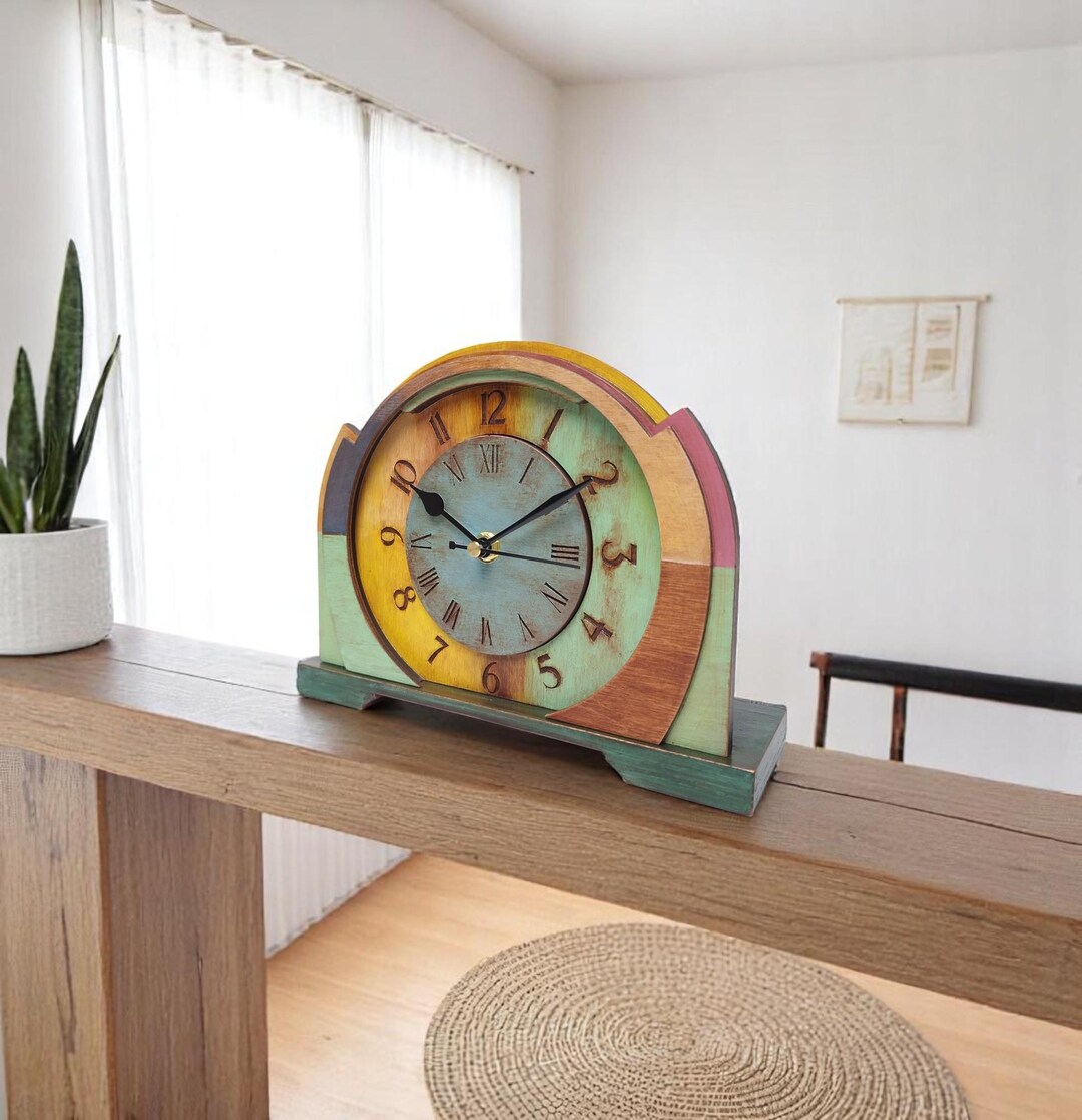 Rustic Wooden Desk Clock, Vintage Style Mahogany Mint and Yellow - Etsy