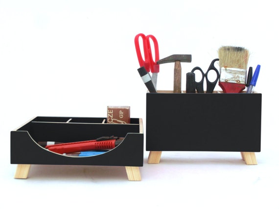 Wood Desk Organizer Set Black Acrylic Painted Office Desk Etsy