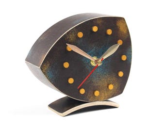 Small Wood Table Clock, NO TICKING Silent Desk Clock, Handmade Asymmetrical Design, Gold Turquoise  Brown Patina, Lightweight Fuma Wood