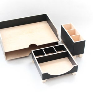 Desk Organizer Black Wood Office by Artma Studio, Plywood Office Desk set, Paper tray desk, Home Office Mail sorter Pen Holder, Remote work image 5