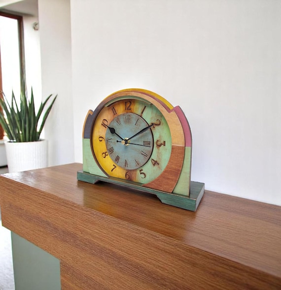 Rustic Wooden Mantel Clock Silent Patina Vintage Desk Clock Decor