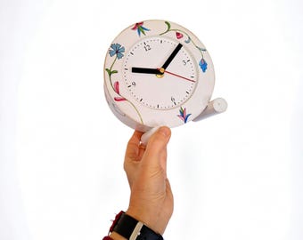 Wood Clock NO TICKING Desk White, Mantle clock Flowers, Tabletop clock Folk art Floral decor, Hand paint flower unique ornament, Spring deco