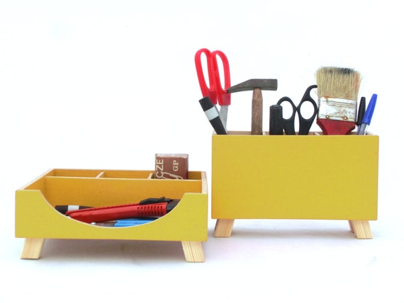 Yellow Desk Organizer Wood Desk Accessories Desktop Office Etsy