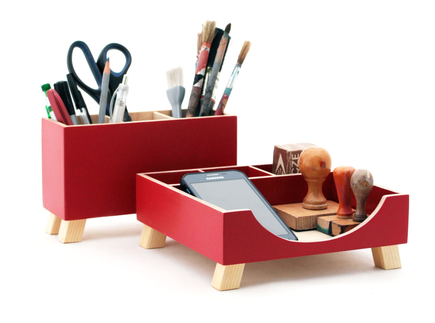 Organisateur de Bureau Rouge, Accessoires Pour Le Bureau, Organisateur Ensemble Bois Titulaire Stylo