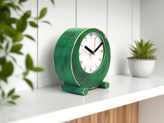 Rustic Green Wooden Desk Clock: Handmade Silent Asymmetrical Design