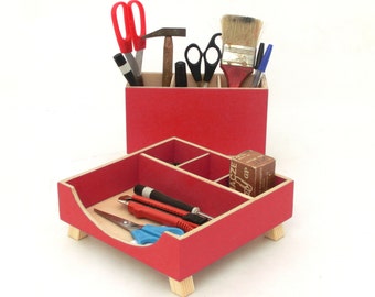Red Wooden Desk Organizer Set 2-Piece | Pen Holder & Accessory Tray | Handmade Office Tidy