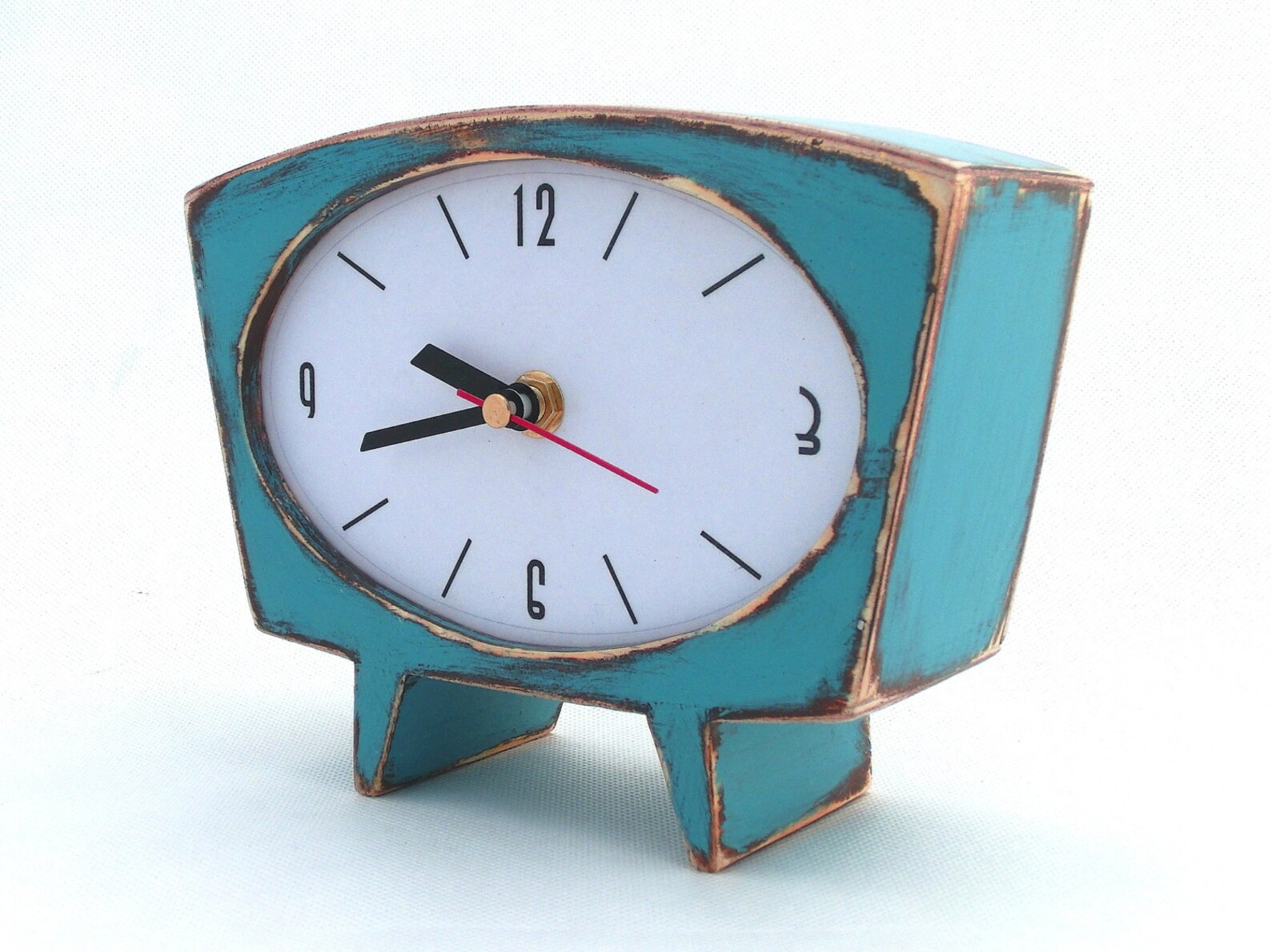 NO TICKING Desk Clock Turquoise Wood Table Clock, Unique Wooden Clock