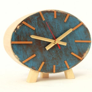 Turquoise Gold Table Wood Clock, NO TICKING Ellipse Brown Gold decor in Vintage style, Desk Unique gift, Winter trends handmade image 2