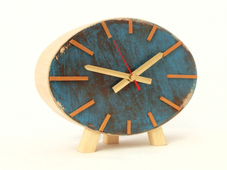 Turquoise Gold Table Wood Clock, NO TICKING Ellipse Brown Gold decor in Vintage style, Desk Unique gift, Winter trends handmade image 2