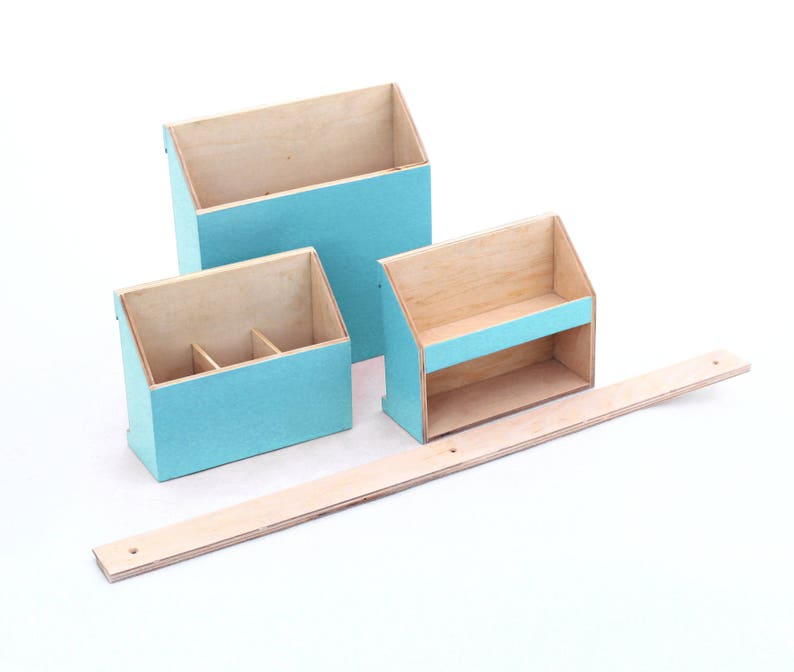 Turquoise Wood wall organizer, Desk accessories, Wall Mail Holder Home Office Set, Teal light smooth color Desktop Organizer, Paper sorter image 5