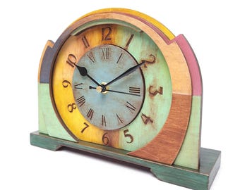 Desk Clock Silent, Wood Table clock, Vintage Style Mantle Rustic Mahogany Yellow Brown Blue Mint Green Decor, Gift for Friend, Labor day