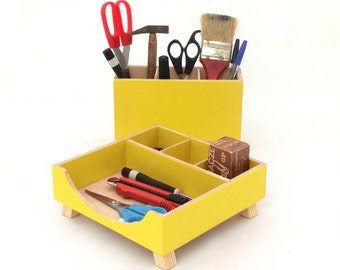 Yellow Desk Organizer, Wood Desk Accessories, Desktop Office organizer, Box Set, Acrylic paint Yellow Wood, Tidy desk, gift for Mother