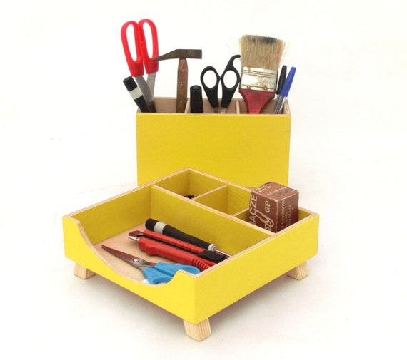 Yellow Desk Organizer Wood Desk Accessories Desktop Office Etsy