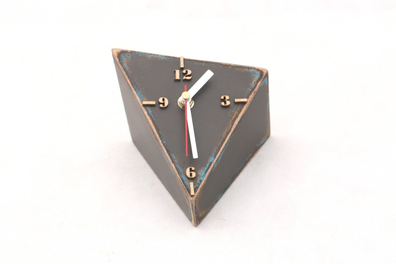 Wood Desk Clock Brown Grey Turquoise, Triangle Table clock Geometric Distressed, Unique Birthday gift ideas, Wedding gift, image 2